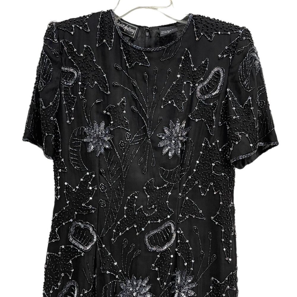 Robert Anthony Black Silver Sequined Beaded Short Sleeve Lined Silk Dress Size 8 - Picture 2 of 14